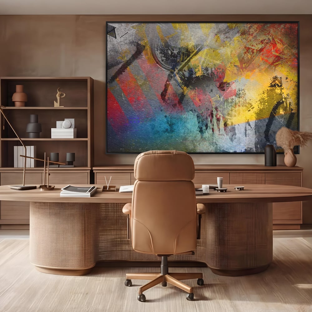 Tablou canvas cu pictura abstracta cu pete vibrante, in rama de aluminiu negru, pe perete intr-un birou